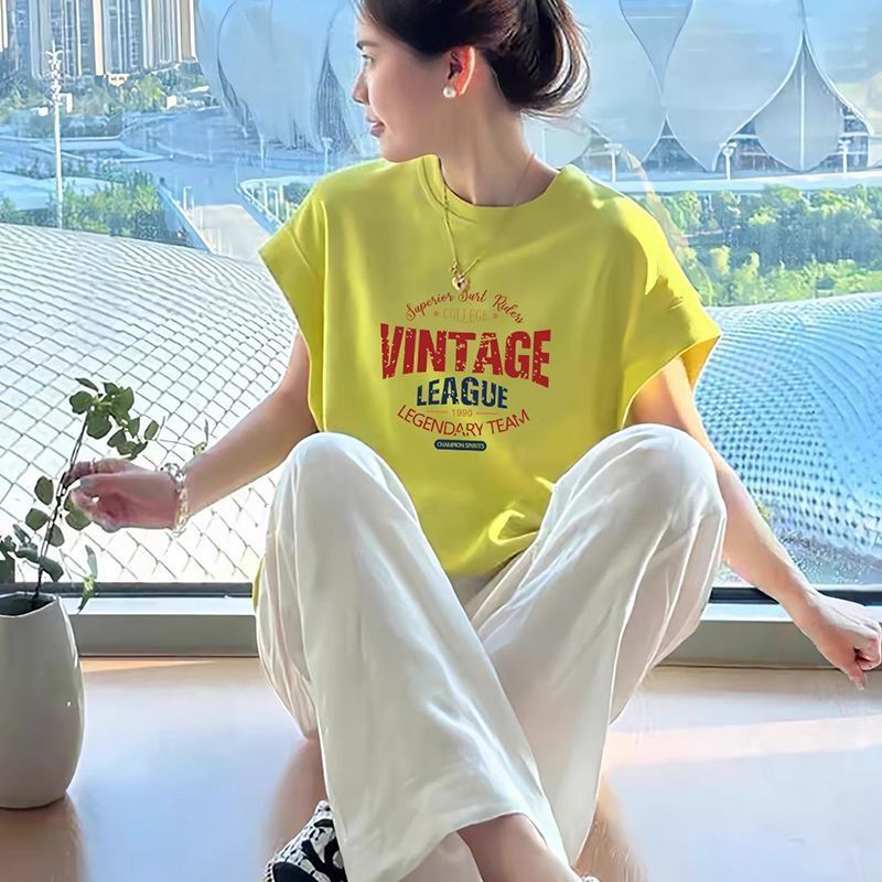 2025夏季宽松蝙蝠袖短袖t恤女美式宽松多巴胺甜酷圆领小飞袖上衣|undefined