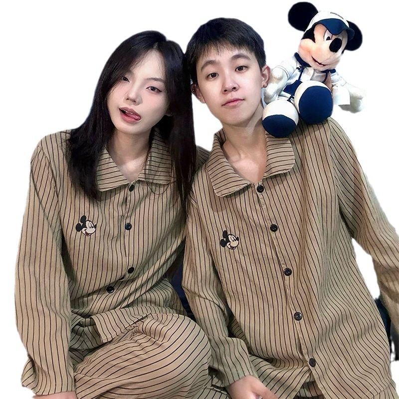Nube de algodón pareja pijama de primavera y otoño nuevo Mickey rayas de dibujos animados dulce suelto hombre conjunto de ropa de casa