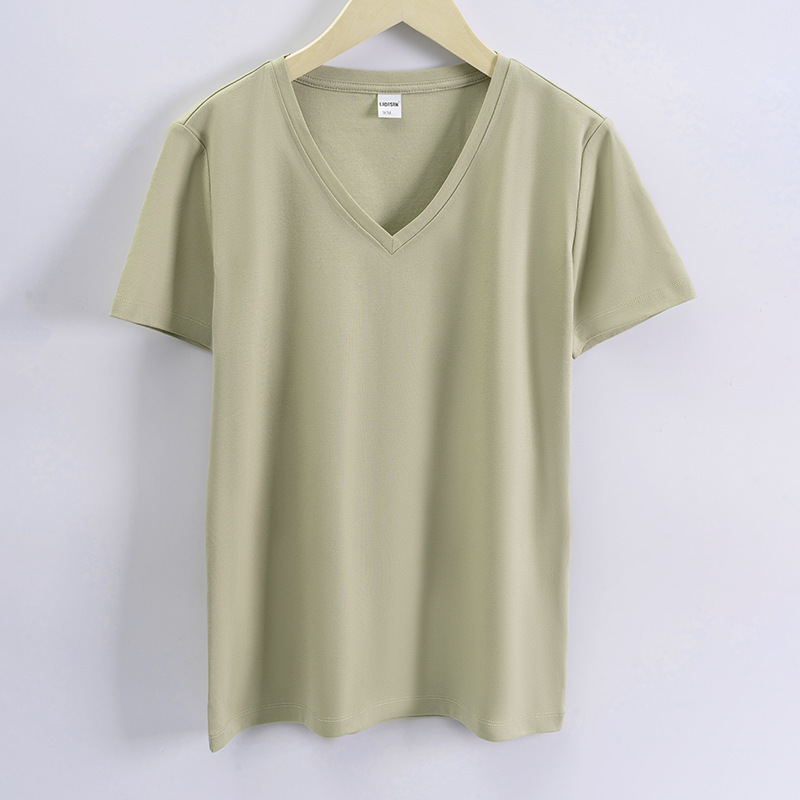 高品質80本両面シルク綿tシャツ女性夏ゆるい丸首v襟純綿純色新疆綿半袖tシャツ|undefined