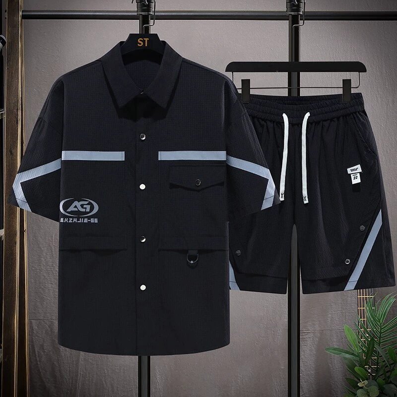 2025-Основной рекомендуемый летний комплект шорт, мужской комплект с воротником рубашки и принтом, свободный комплект 0108