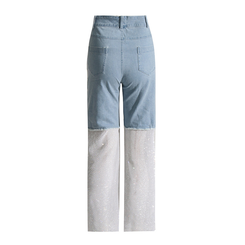 Women's Clothing 2024 Spring New Rhinestone Hollow Fishnet Hot Diamond Design Stitching Straight Jeans Women's Street Style Trousers_voghion.com