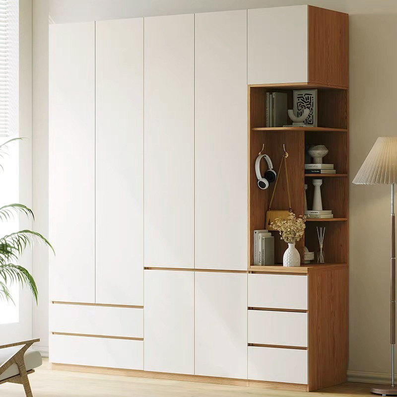 Whole House Custom Wardrobe, All Solid Wood Oak Walnut Color Milk White Custom Segmented Handle-Free Flat Door Cabinet