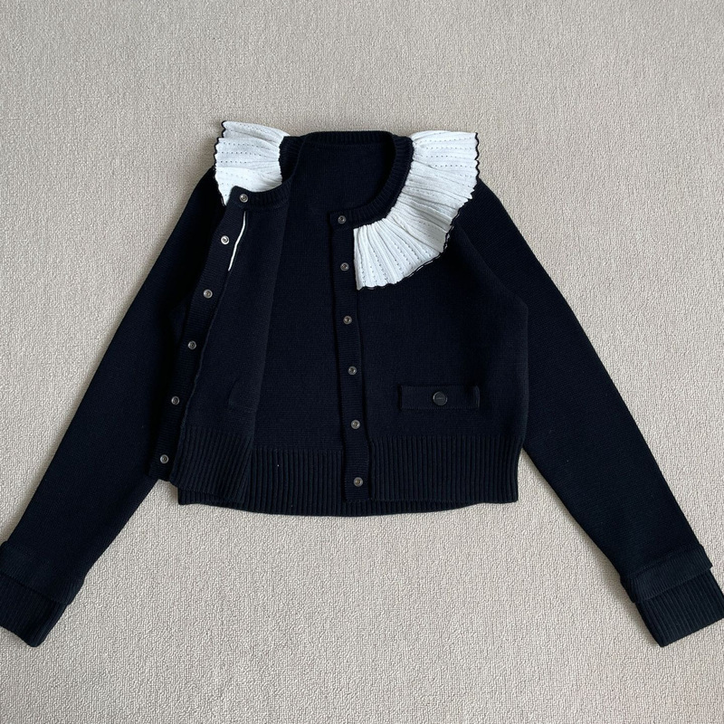 22906! Authentic Order French-Style Sandr0 Hepburn Ruffle Collar Color-Block Wool Knit Short Cardigan Jacket