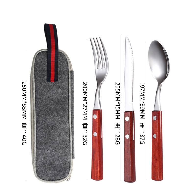 Cuchillo, tenedor y cuchara con mango de madera de acero inoxidable 304, restaurante occidental, bistec, cuchillo, tenedor y cuchara, juego de vajilla portátil de viaje, fuente transfronteriza