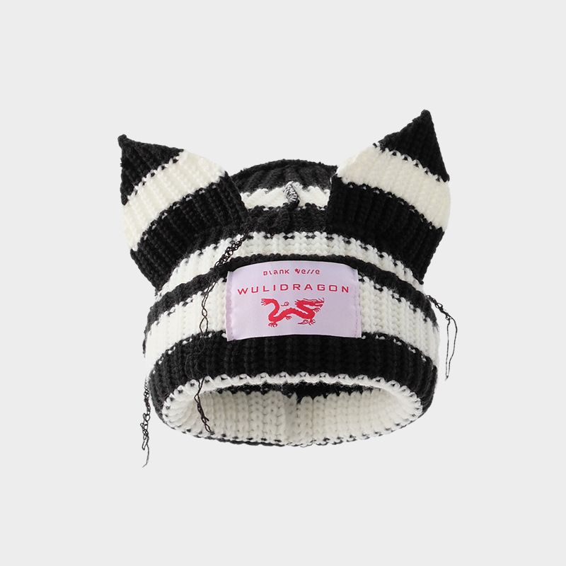 Nieuw nicheontwerp met contrasterende kleuren, schattige kattenoren, herfst- en winterwollen hoeden, verdikte warme gebreide mutsen, koude kindermutsen_voghion.com