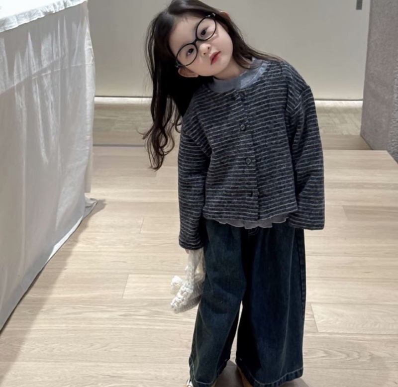 韩版童装2025秋季新款女宝宝条纹开衫花边打底衫牛仔阔腿裤三件套|undefined