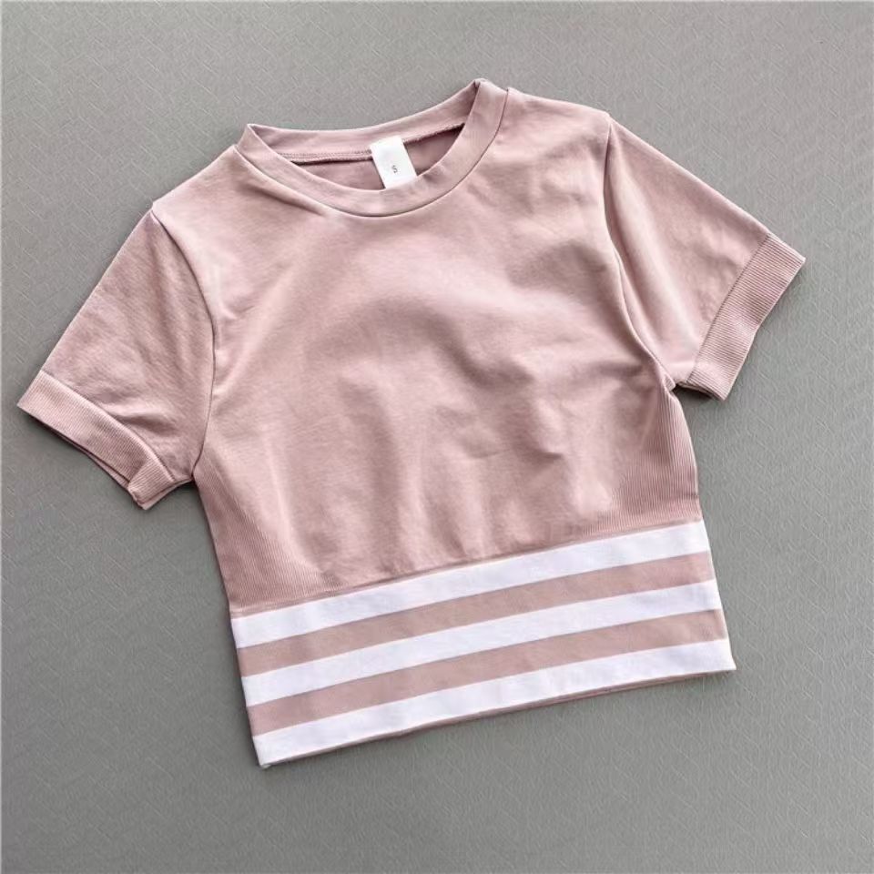 Deporte a rayas de manga corta elástico corredor corredor seco rápido camiseta de acondicionamiento físico umbilical ropa de yoga corta verano