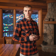 跨境爆款法兰绒格子衬衫男磨毛双口袋男士长袖衬衫大码衬衣男批发