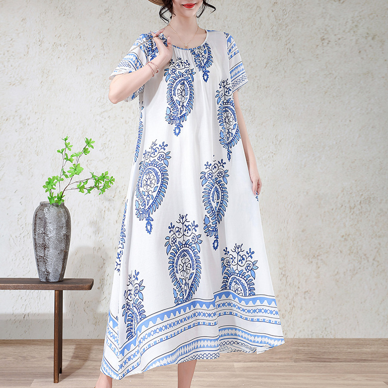 26 Mom's Home Wear Cotton Silk Nightgown Summer Floral Dress Women's Short-Sleeved Large Size Loose Elegant Long Skirt 26 Mom's Home Wear Cotton Silk Nightgown Summer Floral Dress Women's Short-Sleeved Large Size Loose Elegant Long Skirt