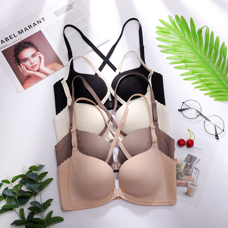 Sujetador inalámbrico de verano cómodo transpirable push-up mama belleza espalda encaje frontal hebilla ropa interior para mujeres delgadas 3223