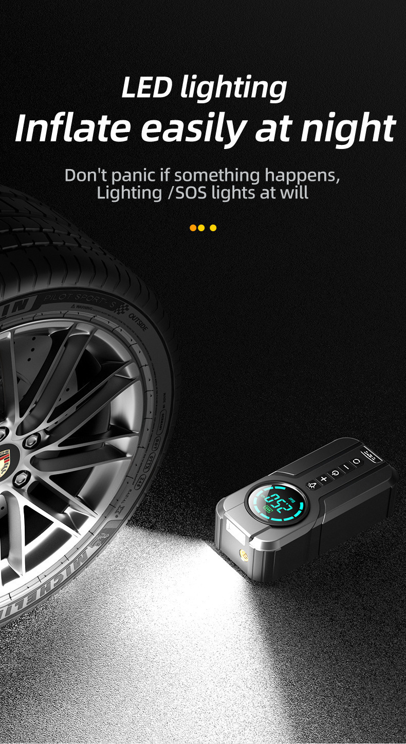 Car Air Pump, Wireless Portable Car Power Bank, Tire Inflator, Emergency Jump Starter, Cross-Border
