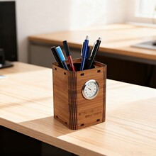 复古木制时钟笔盒家用学生用多功能时钟收纳笔筒木质文具收纳盒