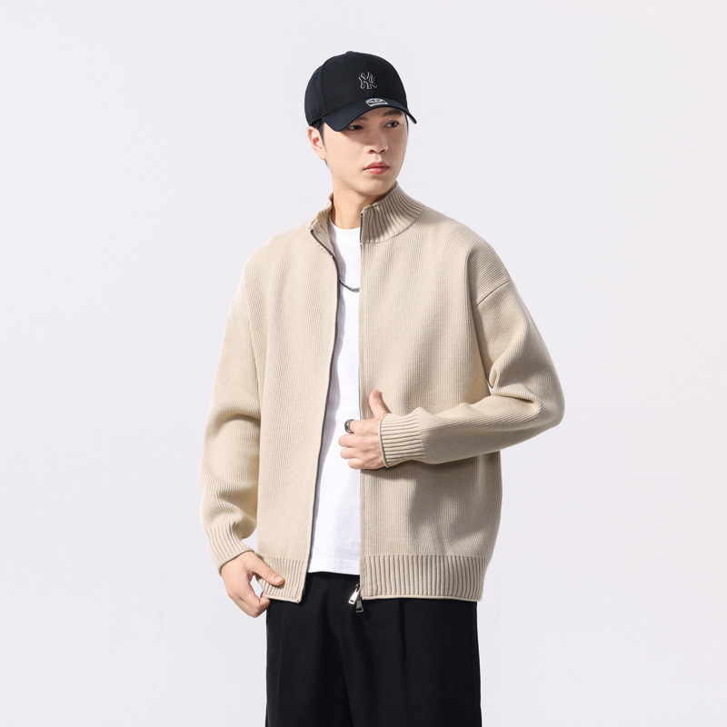 Cardigan Sweater Men's Jacket Autumn and Winter Loose Stand Collar Pure Color Knitwear Men's Trendy Japanese Style Thickeneded Knitwear