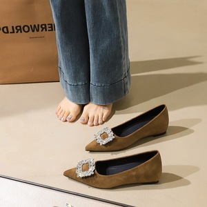 9121-K90 French pointed single shoe for women, flat bottomed leopard print rhinestone square buckle suede, with increase