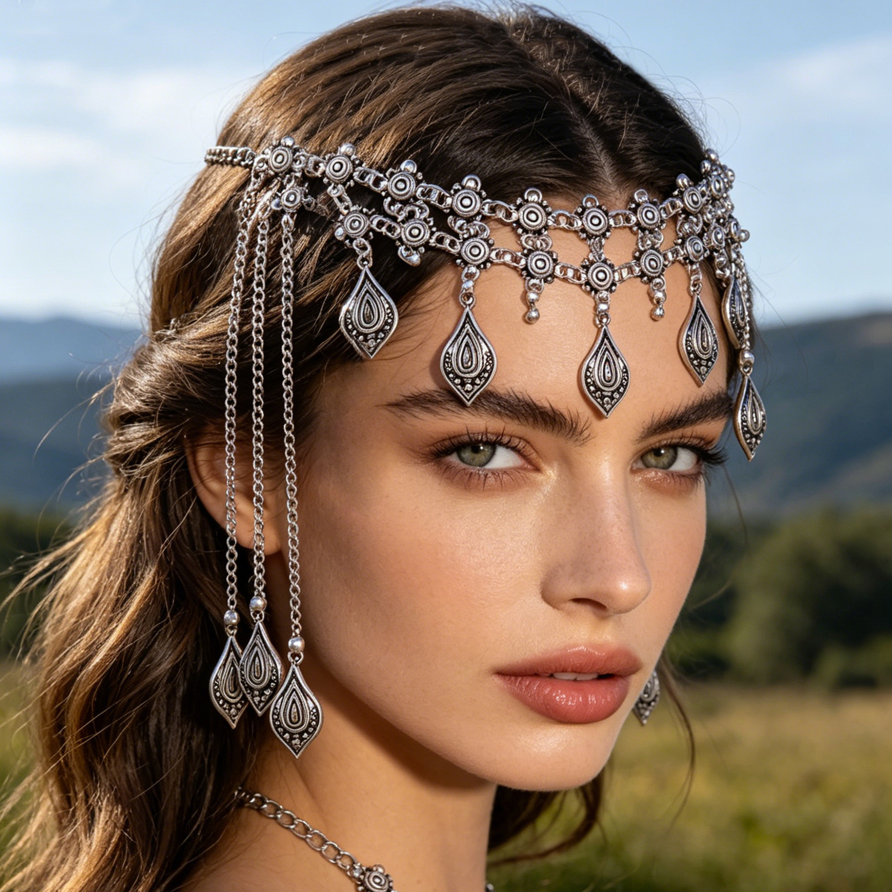 Bohemian Retro Ethnic Style Geometric Pattern Forehead Chain in Silver, Available in Three Options, Simple High-End Jewelry for Women