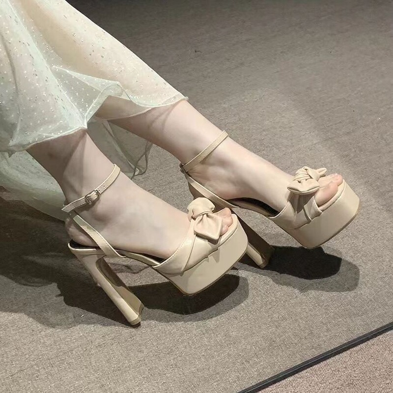 2025 Summer New Style Bowknot Buckle Waterproof Platform Open-Toe Super High Sandals for Women Versatile Elegant High Heels for Women
