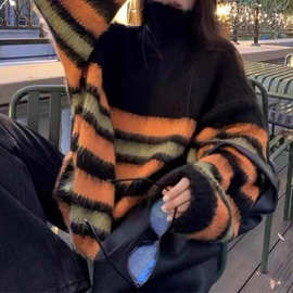 慵懒风高领套头毛衣女外穿2022年秋冬新款加厚中长款宽松打底上衣