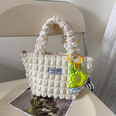 Bubble flower handbag for women 2022 new style small fresh girly square plaid handbag pleated shopping bucket bag