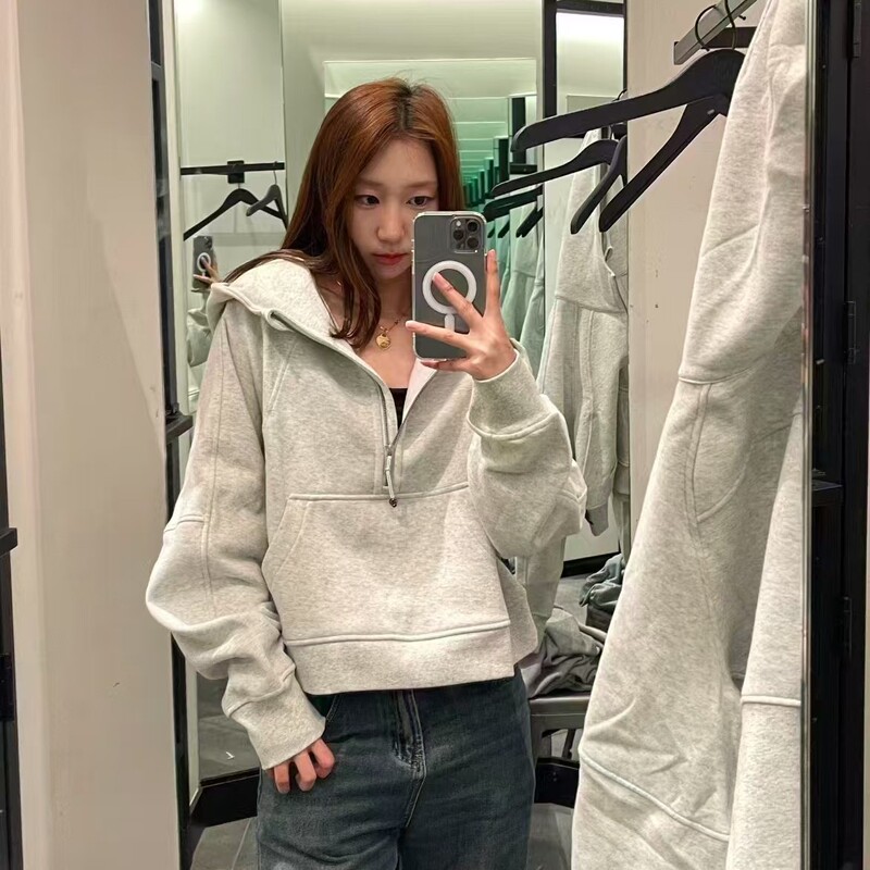 Dropshipping Lulu Style Scuba Loose Half-Zip Hoodie for Women, Fleece-Lined Sweatshirt for Autumn and Winter Yoga Hoodie Jacket