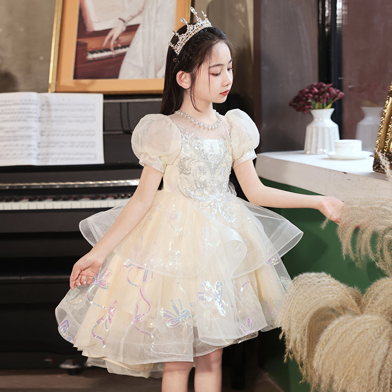 女童連衣裙夏季2024新款兒童晚禮服公主裙洋氣拖尾花童鋼琴演出服