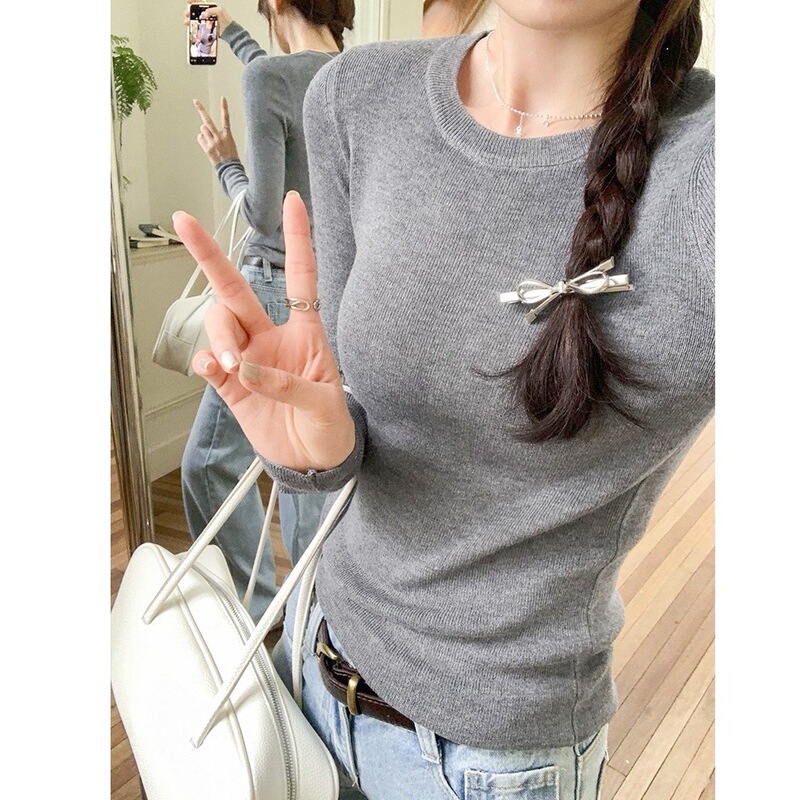 露思同款秋冬圆领显瘦舒适温柔风百搭包芯纱纯色针织打底衫长袖|undefined