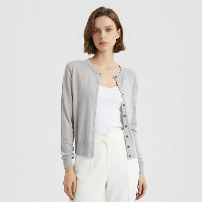 Ourofeng Round-Neck Lightweight Silk Knit Cardigan for Women, 2026 Summer New Style, Long-Sleeve Simple Slim-Fit Top Jacket Ourofeng Round-Neck Lightweight Silk Knit Cardigan for Women, 2026 Summer New Style, Long-Sleeve Simple Slim-Fit Top Jacket