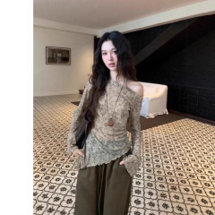 【自家工厂现货】25秋季新款气质高级感不规则露肩晕染花朵上衣女