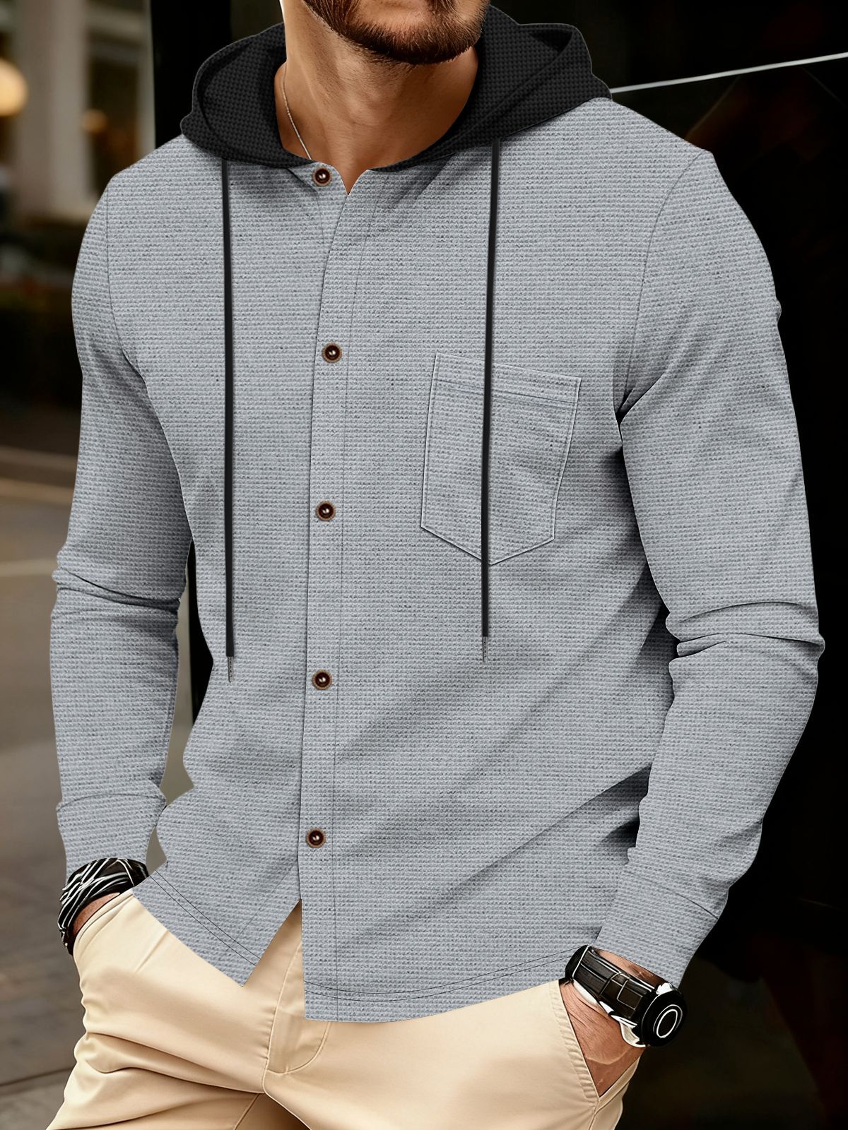 Heren wafelgebreide hoodie met zakken en knopen voor casual look_voghion.com