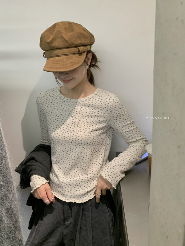 miss密思2025秋季新款韩版碎花修身显瘦圆领上衣女长袖t恤打底衫|undefined
