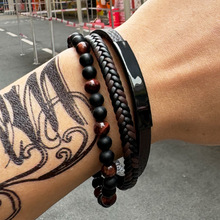欧洲环保饰品外贸珠子PU皮革手链男生个性多层黑红编织皮手链