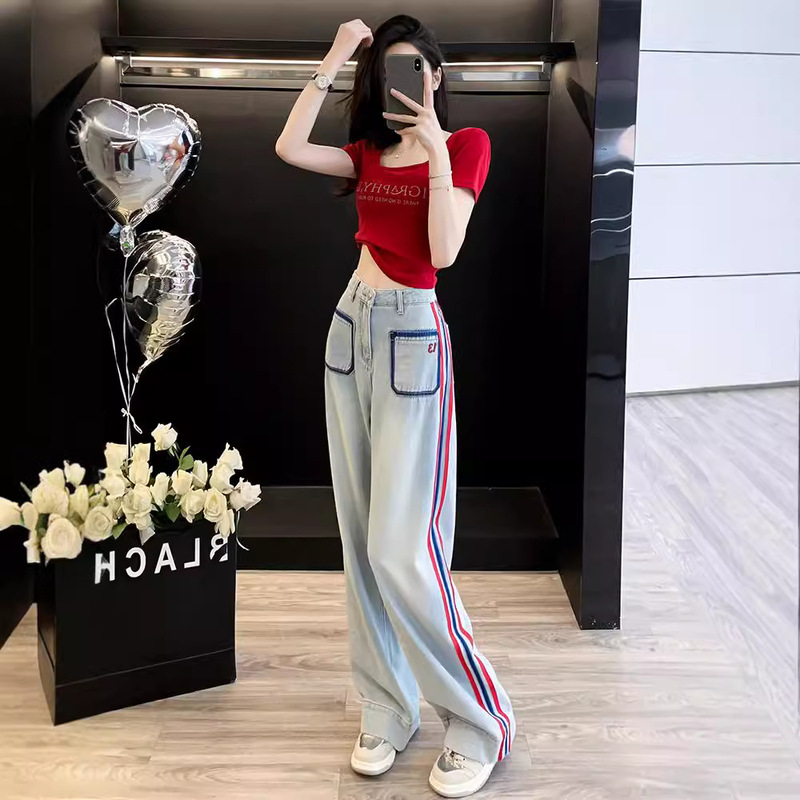 High-end super-good-looking suit women's summer fashion brand western red T-shirt high waist Denim wide leg pants two-piece set