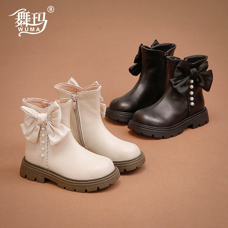 Сапоги для девочек Дети кожаная принцесса Мартин сапоги 2024 новый зимний стиль маленькая девочка плюшевый ребенок два хлопковые сапоги