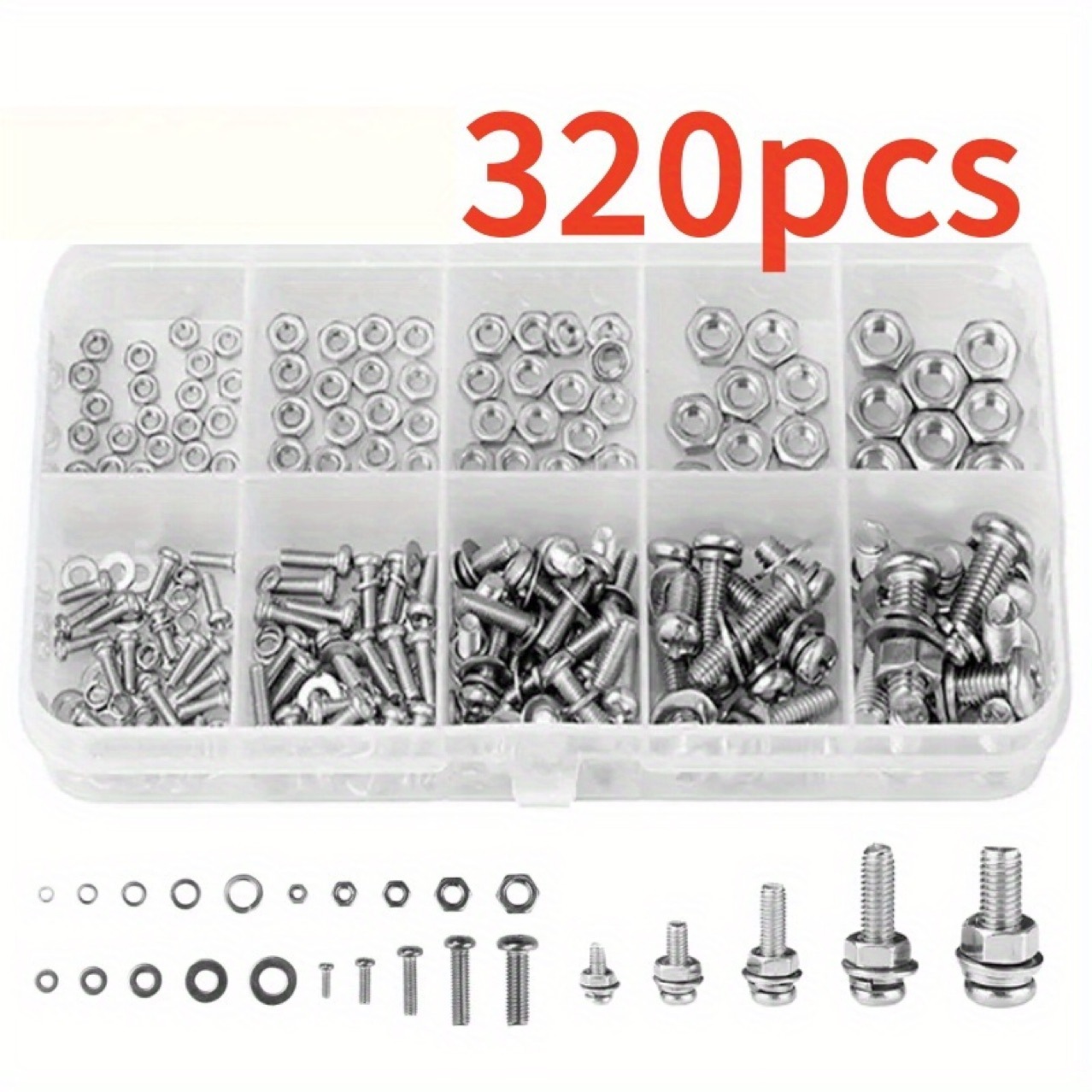 320pcs 盒装 十字圆头螺栓螺母垫圈组合套件M2 M2.5 M3 M4 M5