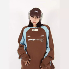 2024新款美式学院风条纹撞色拼接圆领卫衣男女宽松长袖打底衫潮