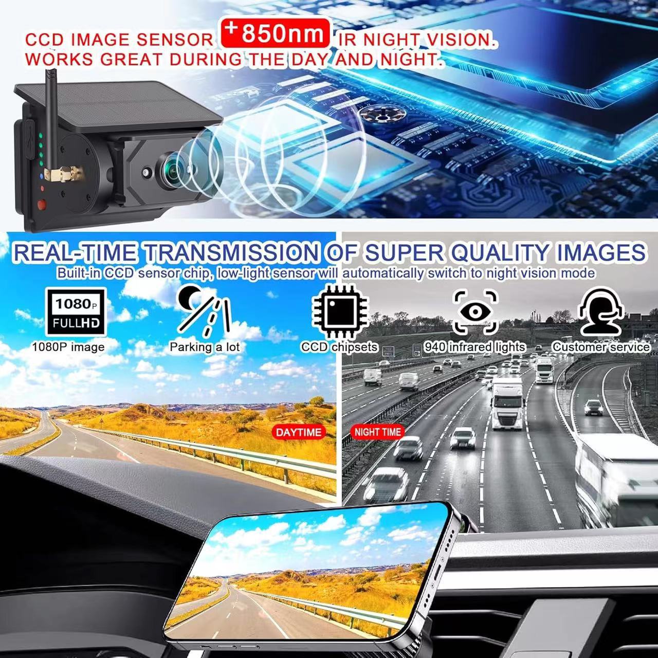 Solar-Powered 7inch Desktop Display Wireless Car-Mounted Hd Infrared Night Vision Truck Reversing Camera