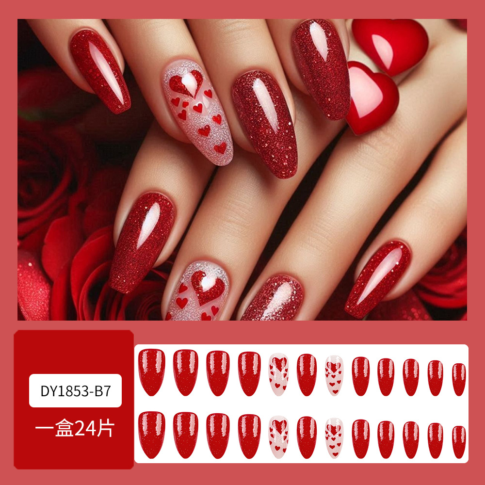 Día de San Valentín de venta transfronteriza manicure rojo simple tipo almendra parche de uñas amor polvo brillante usar manicure