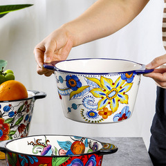 European and American ceramic double-eared bowl, hand-painted soup bowl, household anti-scalding 1.8 liter underglaze colored fruit bowl for easy storage