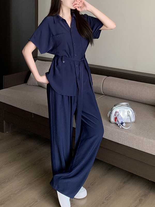2025夏装新款胖mm大码女优雅气质绑带收腰衬衫上衣宽松阔腿裤套装|undefined