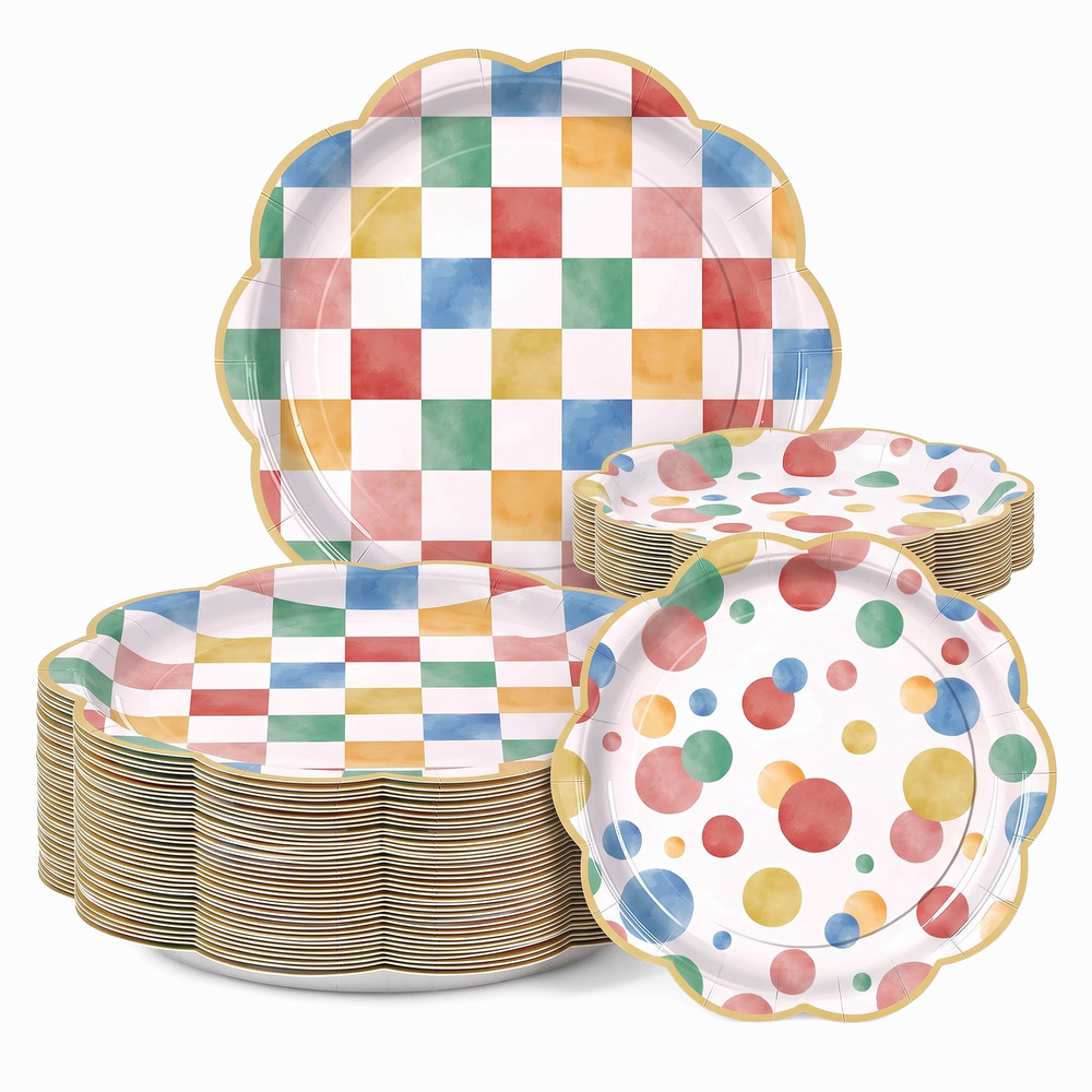 Watercolor macaron checkerboard polka dot paper plates with gold rim scallop edge for birthday picnic party disposable plates