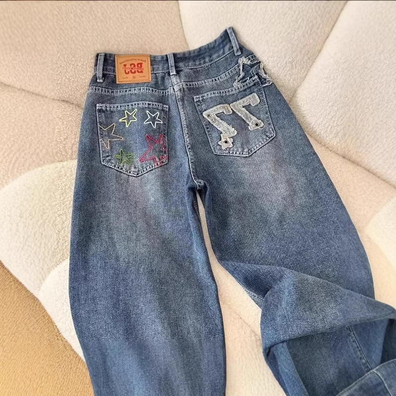 American-style embroidered star washed denim jeans for women, clean-fit design, loose and versatile, casual straight-leg wide-leg pants American-style embroidered star washed denim jeans for women, clean-fit design, loose and versatile, casual straight-leg wide-leg pants