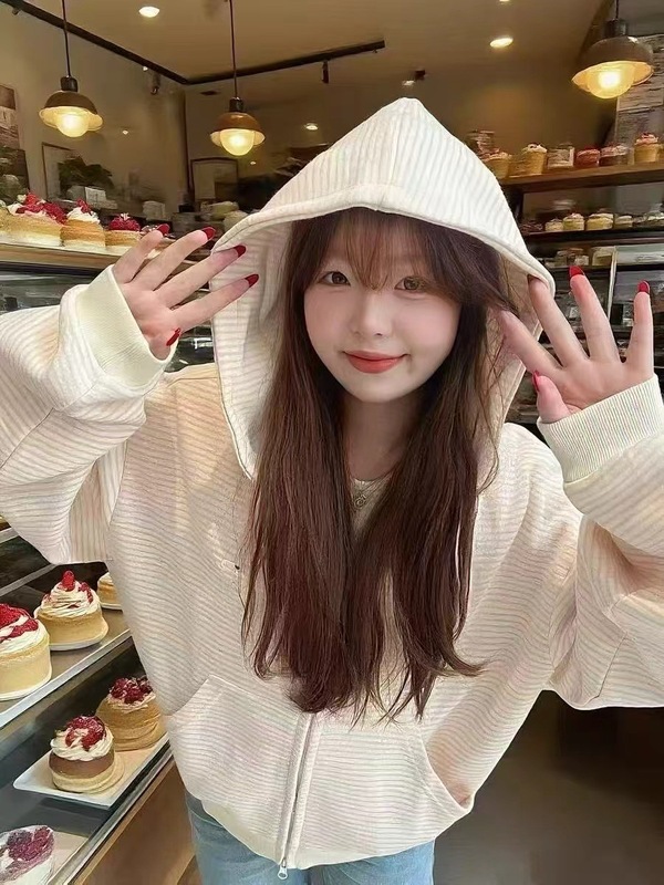 韩系温柔甜美条纹连帽开衫卫衣女春秋简约高级感宽松休闲百搭外套|undefined