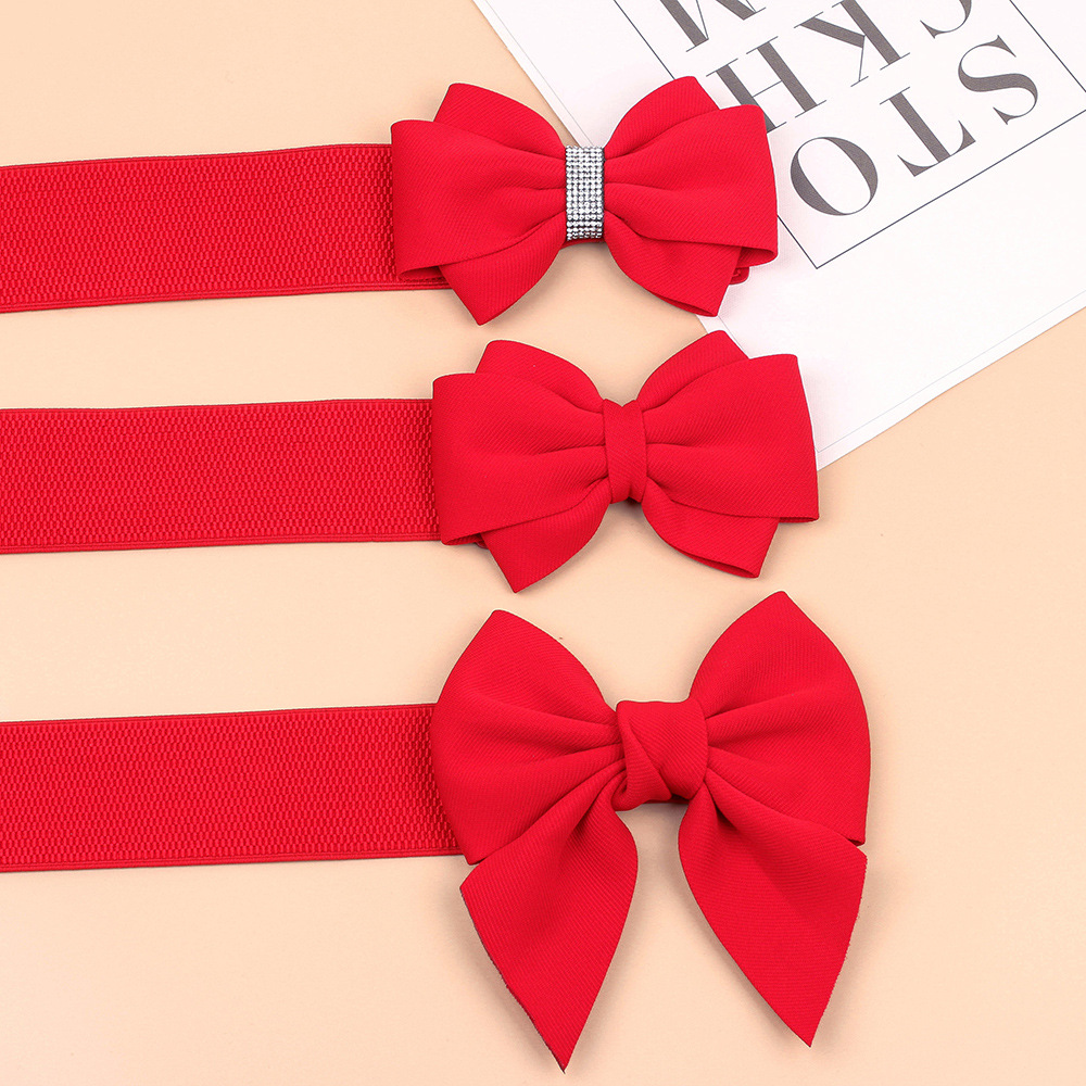 Ceinture décorative à nœud papillon avec jupe, ceinture large élastique rouge incrustée de diamants pour femmes, taille polyvalente amincissante_voghion.com