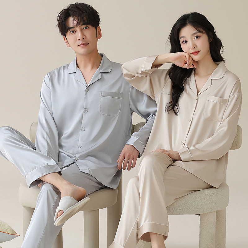 Pijamas de pareja de seda de hielo para mujer 2024 nuevo traje de ropa para el hogar de primavera y verano de hombre de seda de simulación fresca de manga larga de otoño