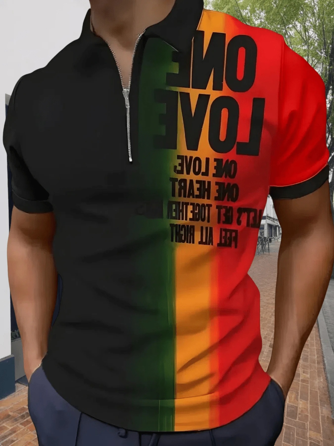 Lema de rayas de color degradado colorido de la calle principal con estampado 3D Camisa POLO con cremallera de manga corta suelta casual para hombres