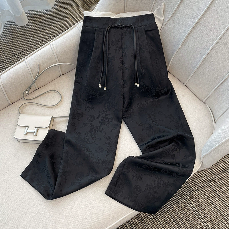 Новые широкие брюки из жаккардового атласа в китайском стиле для женщин, летние тонкие 2025, высокая талия, ледяной шелк, прямые повседневные длинные брюки