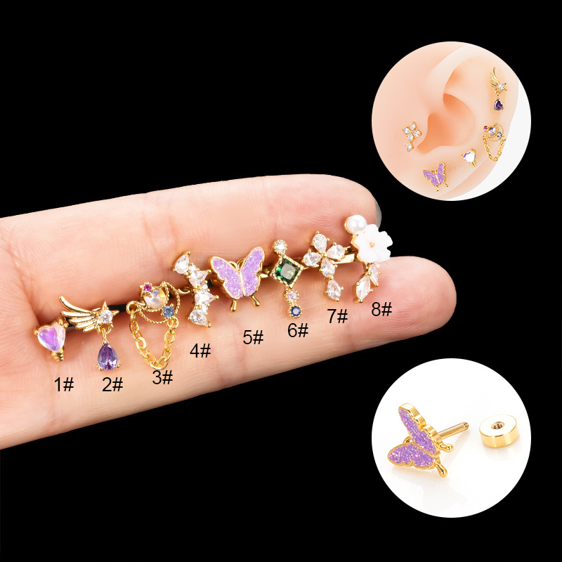 5g Weight Artificial Pearls, Zircon Inlay Material 1 Piece 316L Stainless Steel Copper Artificial Pearls Zircon Ear Cartilage Rings & Studs Star Heart Shape Butterfly Waterproof Non Tarnish Surgical Steel