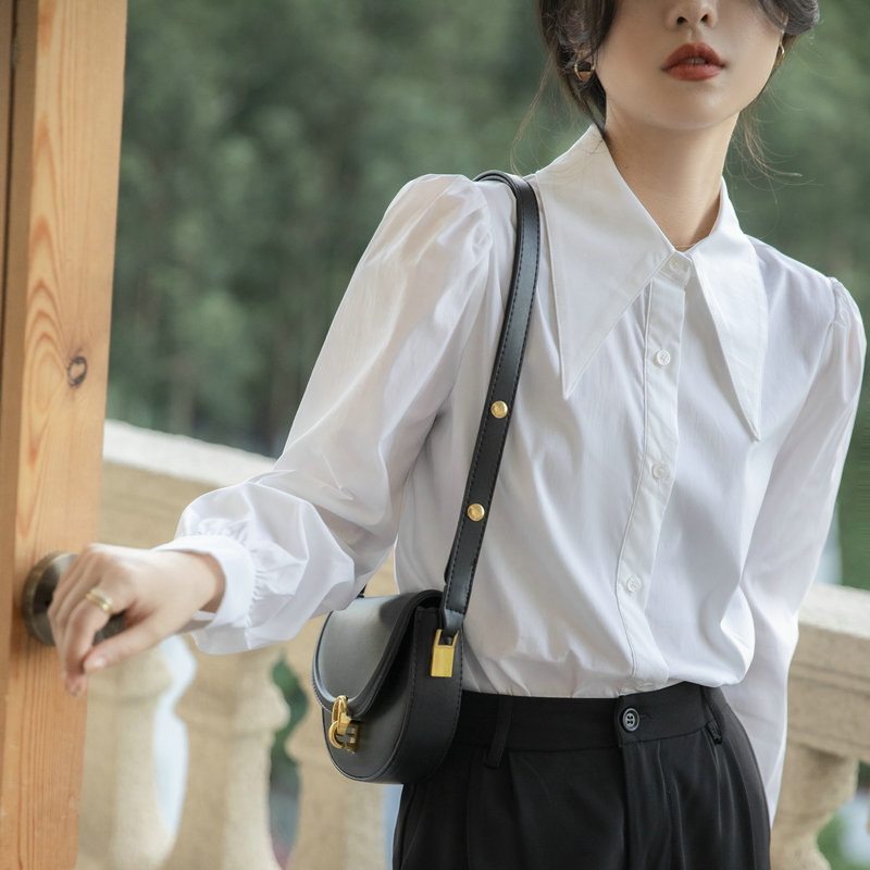French-Style Niche Chic Pointed Collar Shirt, Korean New Spring and Autumn Solid Color Simple Design, High-End Puff Sleeve Blouse