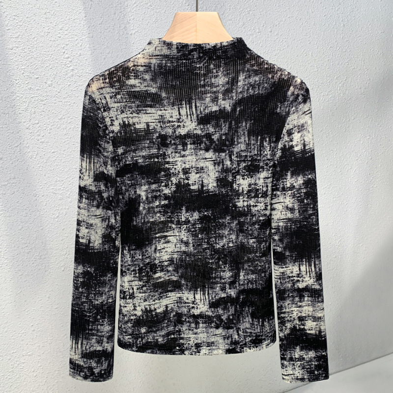Media altura cuello de manga larga camisa de tela de tela para mujeres 2024 nuevo otoño delgado camiseta de moda de reducción de edad extranjera chaqueta teñida