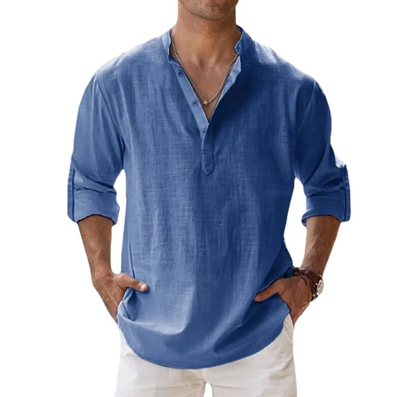Men's Linen Stand-Up Collar Long-Sleeved T-Shirt Loose Sweatshirt Solid Color Long-Sleeved Cotton and Linen Shirt for Men