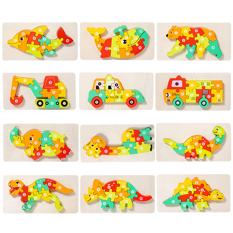 Niños pequeños madera 12 colores cognitivos números emparejados de tráfico animal gran puzzle puzzle puzzle juguetes de puzzle